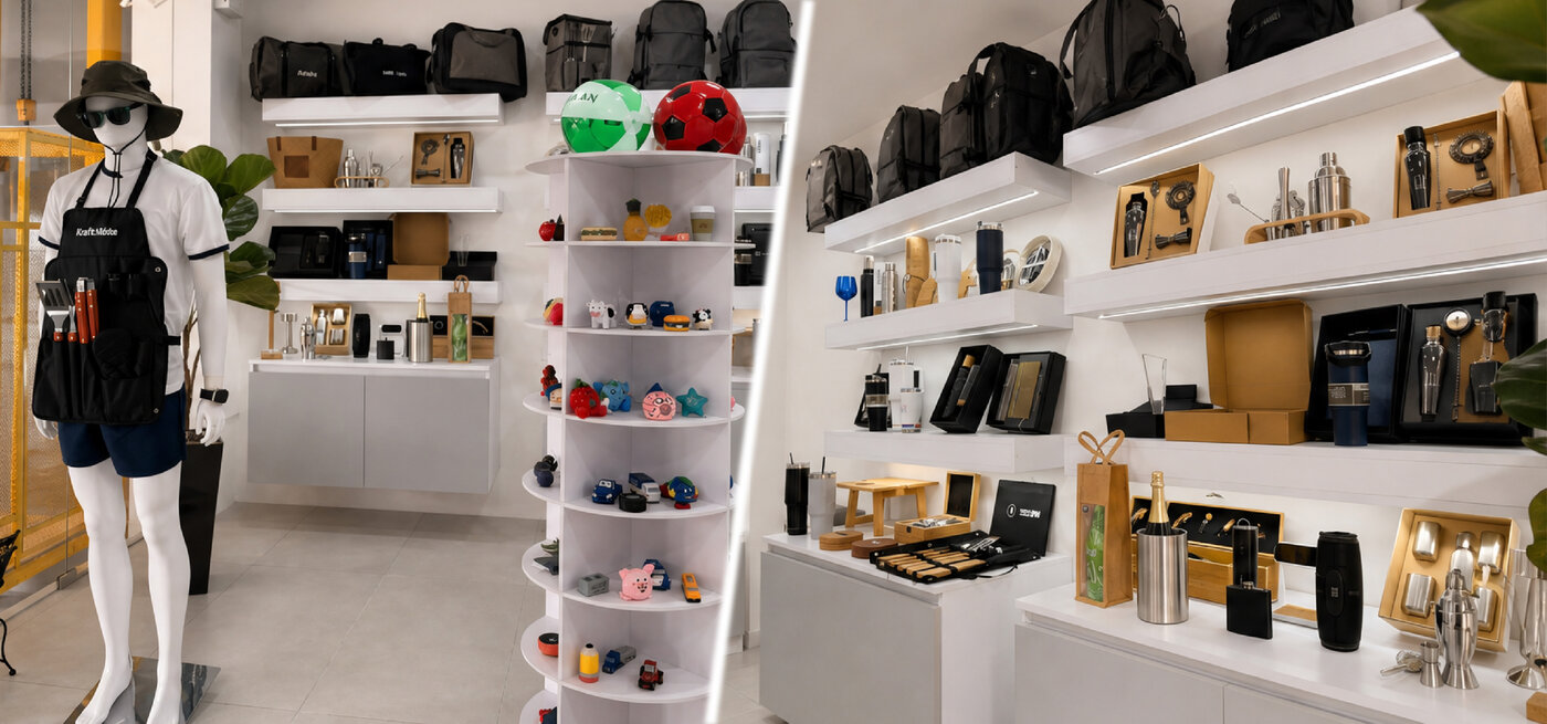 Sala de exhibición de PromoMarket con estantería de artículos promocionales
